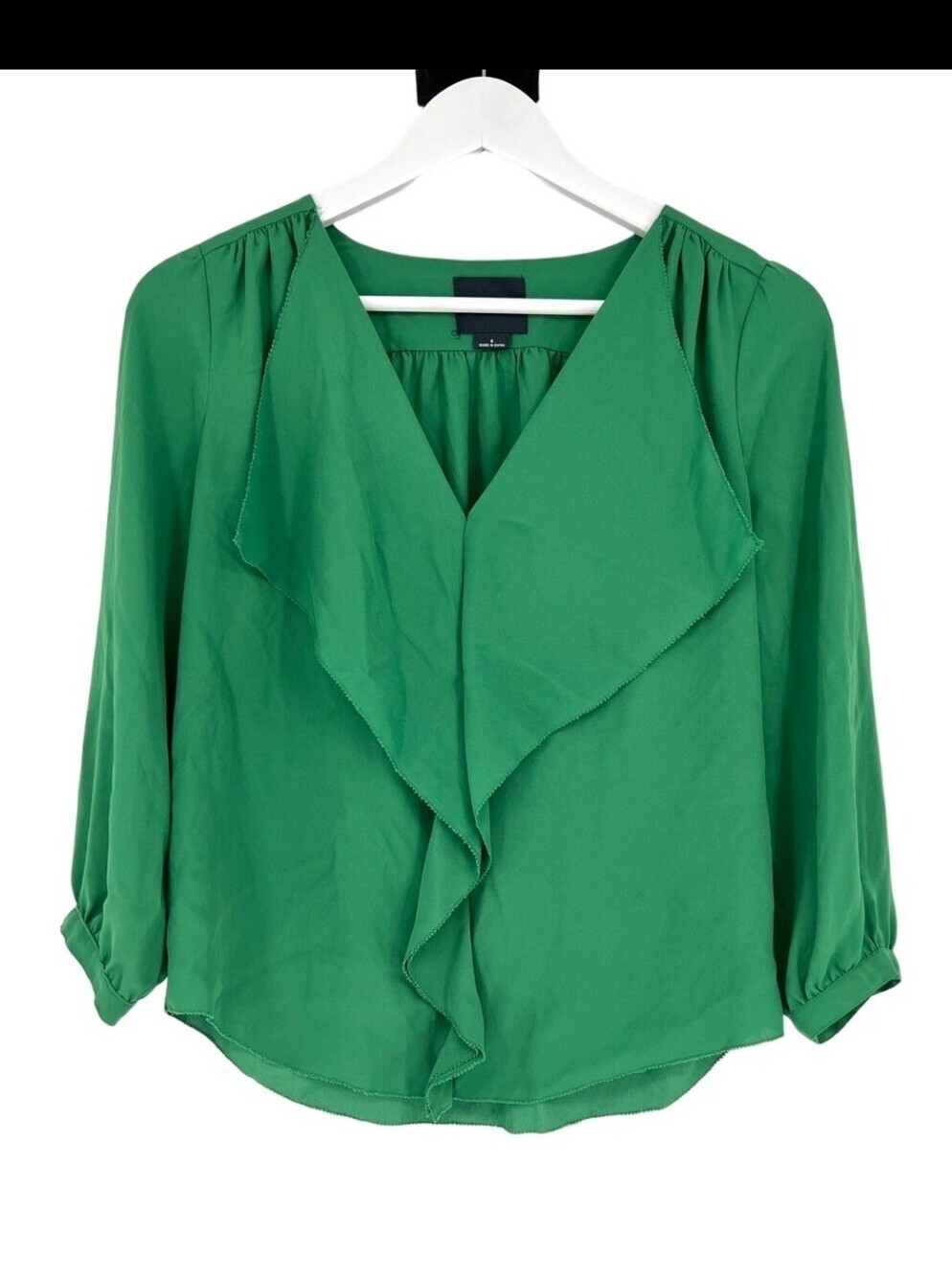 Maeve Anthropologie Green Raw Edge Ruffled Front Trim Blouse Size 10